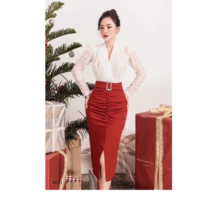 Set áo ren tay dài cổ Chữ V