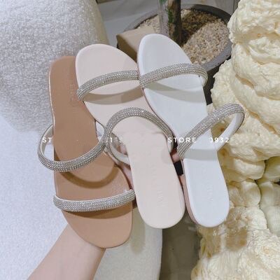 Dép nữ quai ngang 2 dây sandal đế bằng lép kẹp xỏ ngón đính đá đi biển đẹp rẻ thời trang