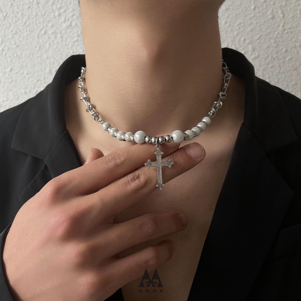 Vòng cổ Ngọc Trai Phản Quang Sang Trọng Mặt Thánh Giá Phụ Kiện Thời Trang Cho Cặp Đôi