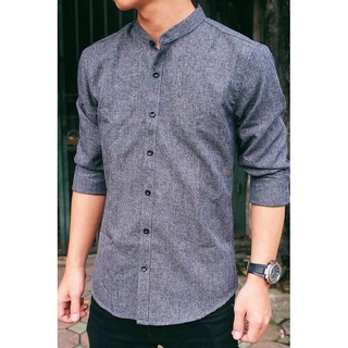 Áo sơ mi nam cổ tàu chất vải đũi màu xám tiêu, cổ bẻ màu xám kẻ caro