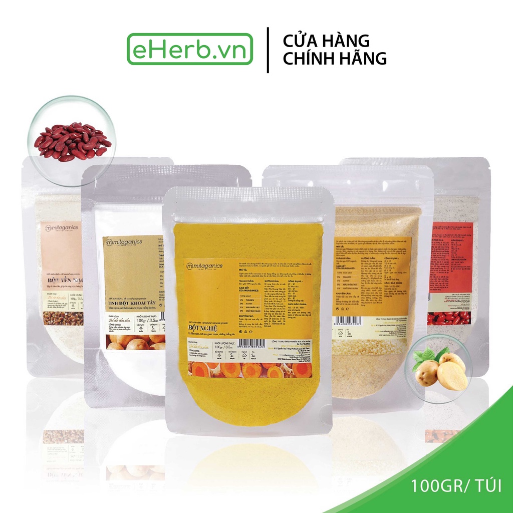 Combo 5 mặt nạ bột đắp mặt trắng da, ngừa mụn: cám gạo, yến mạch, đậu đỏ, khoai tây, nghệ MILAGANICS (100g/ túi)