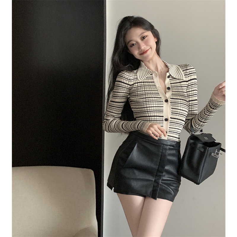 Cocory vn Áo Dệt Kim Tay Dài Cổ Bẻ Họa Tiết Kẻ Sọc Màu Tương Phản Phong Cách Retro Thời Trang Cho Nữ