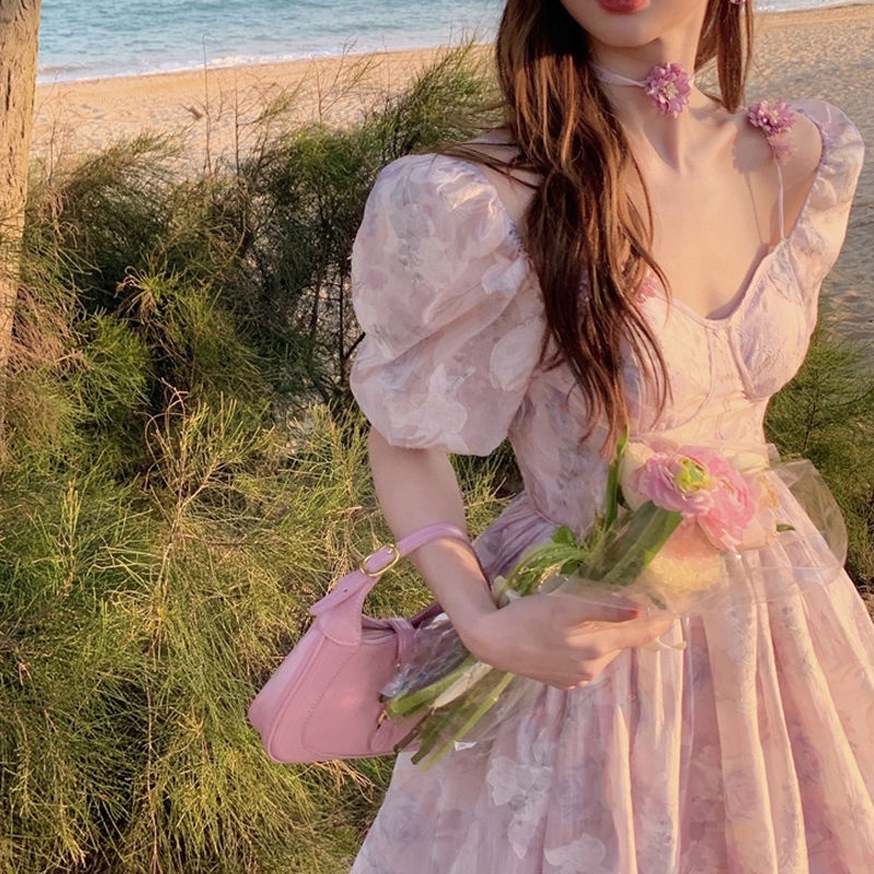💥Đầm Dài Hai Dây Xẻ Tà Họa Tiết Hoa Phong Cách Công Chúa Kiểu Pháp Thời Trang Mùa Hè Mới đầm dự tiệc
