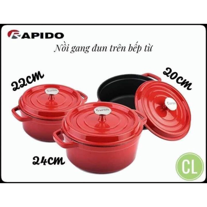 Nồi gang đúc tráng men Rapido, Bộ nồi gang đúc tráng men Rapido, kích cỡ 20, 22, 24cm , dùng cho tất cả các loại bếp.