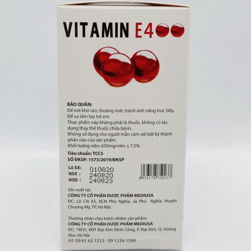 Viên uống đẹp da Vitamin E400 E Đỏ 4000mcg, Aloe vera 500mg, bổ sung vitamin E giúp da trắng sáng, ngừa lão hoá da