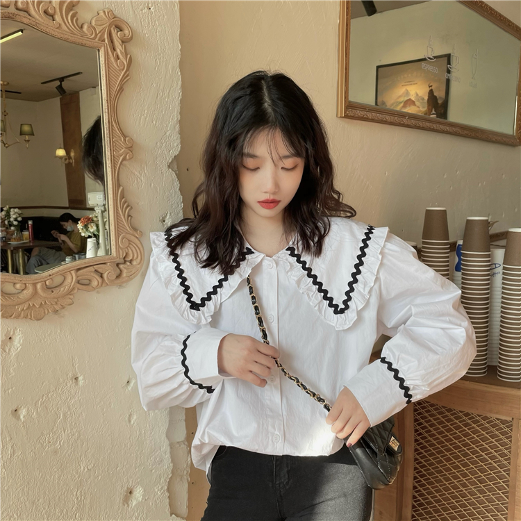 Áo kiểu tay dài cổ áo thủy thủ phong cách Hàn Quốc xinh xắn đáng yêu cho nữ