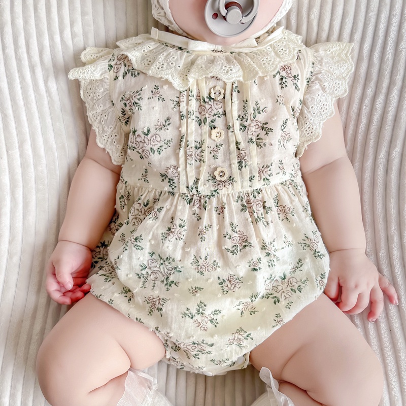 Bộ Áo Liền Quần Ngắn Tay Phối Ren Hoa Dễ Thương Cho Bé Gái Sơ Sinh
