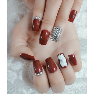 bộ 24 móng tay giả đính đá , hoa bột kèm keo