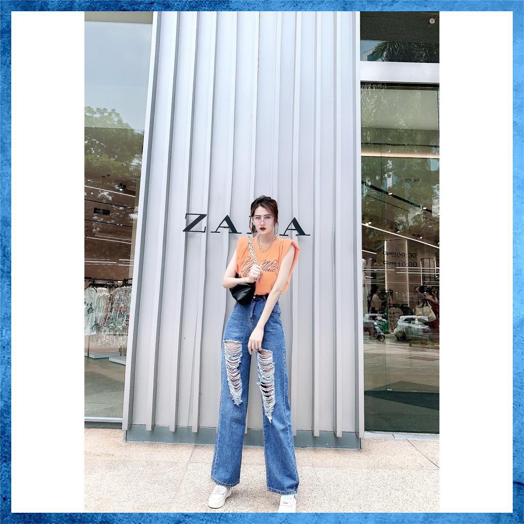 [Jeans nữ thiết kế] Quần bò dài rách dáng suông, quần jeans lưng cao túi chéo 2 khuy. Mã D3160 | BigBuy360 - bigbuy360.vn