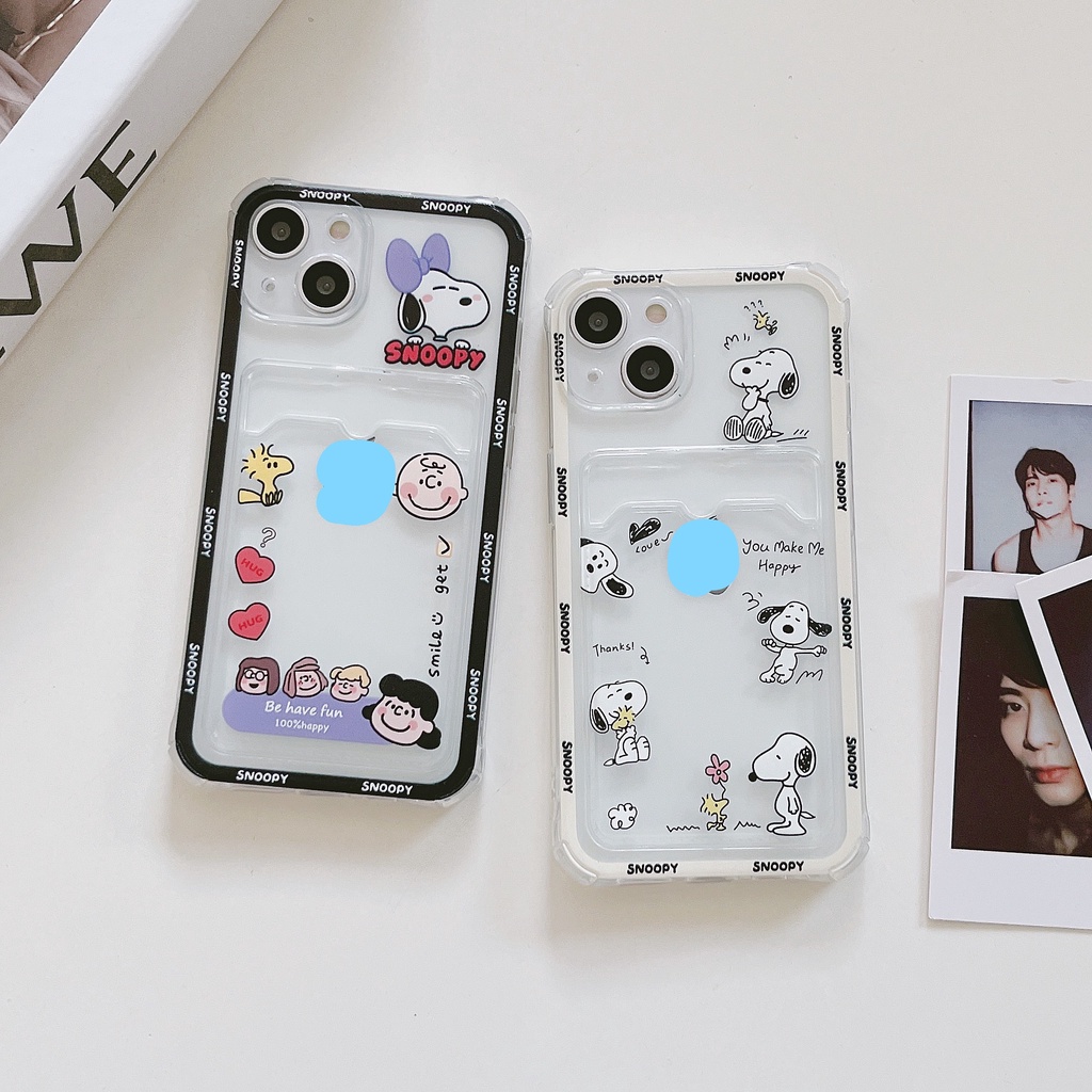 Ốp Điện Thoại Họa Tiết Hoạt Hình Snoopy Kèm Ngăn Đựng Thẻ Chống Sốc Cho iPhone 14 / 13 / 12 / 11 / X / 8 / 7P