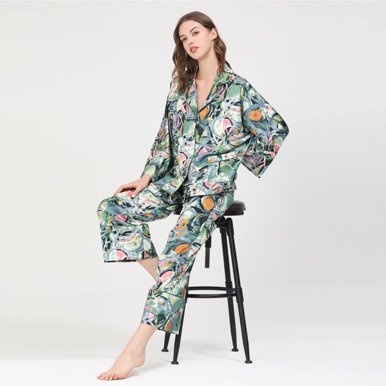 Vic 95043 - Bộ Đồ Ngủ Nữ Pijama lụa cao cấp - Họa tiết lá nhí - Quần Áo Ngủ Trẻ Trung
