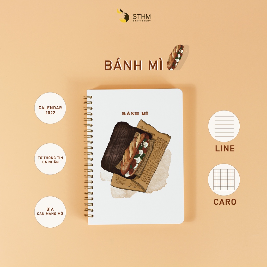 BÁNH MÌ -  Sổ tay bìa cán màng mờ - Ruột kem 100gsm - STHM stationery