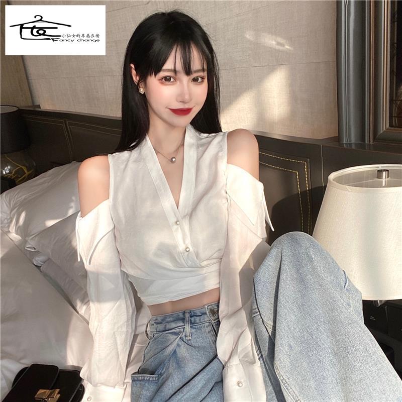 Áo Sơ Mi Trắng Trễ Vai Cổ Chữ v Tay Dài Thời Trang Mùa Hè Hàng Mới Dành Cho Nữ 2022