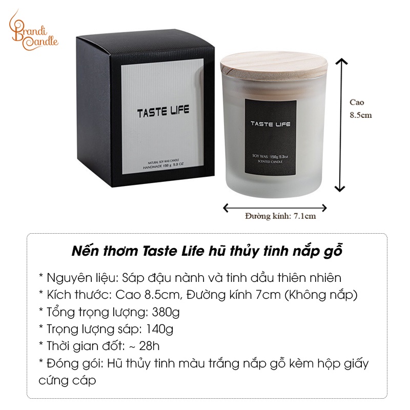 Nến taste life hũ thủy tinh nắp gỗ sáp đậu nành không khói không độc hại