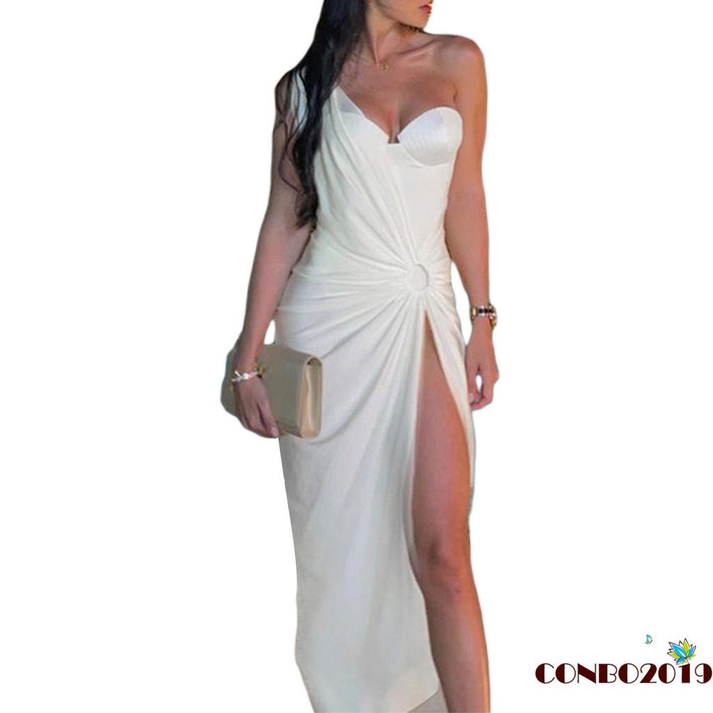 HGM-Women Party Dress, Sleeveless One-shoulder Hollowed Slit Cocktail Beach Long Dress