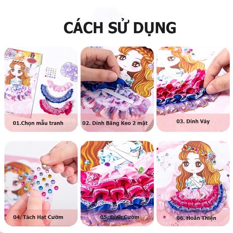 Tranh Dán Váy Công Chúa Kèm hạt Cườm Đính Váy Nhiều mẫu cho bé