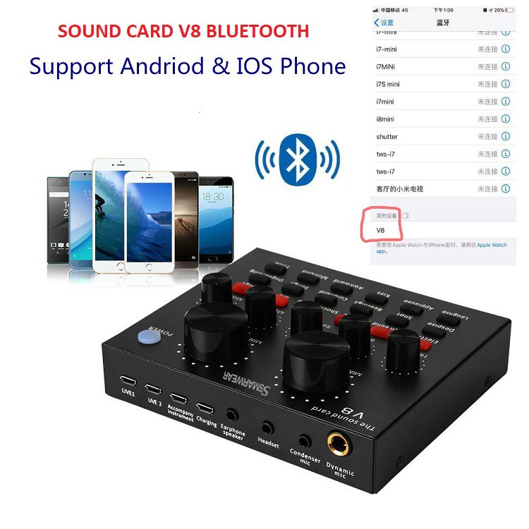 Combo Sound Card V8 Bluetooth, Tặng Micro Thu Âm Kèm Tai Nghe - Bảo Hành 3 Tháng