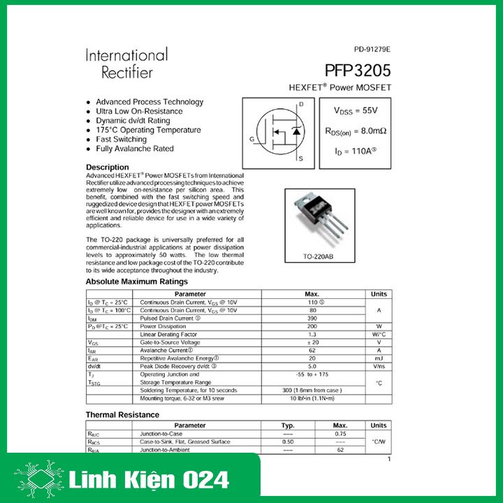 1 chiếc bóng bán dẫn Mosfet IRF3205 chân kiểu TO-220 hàng Zin