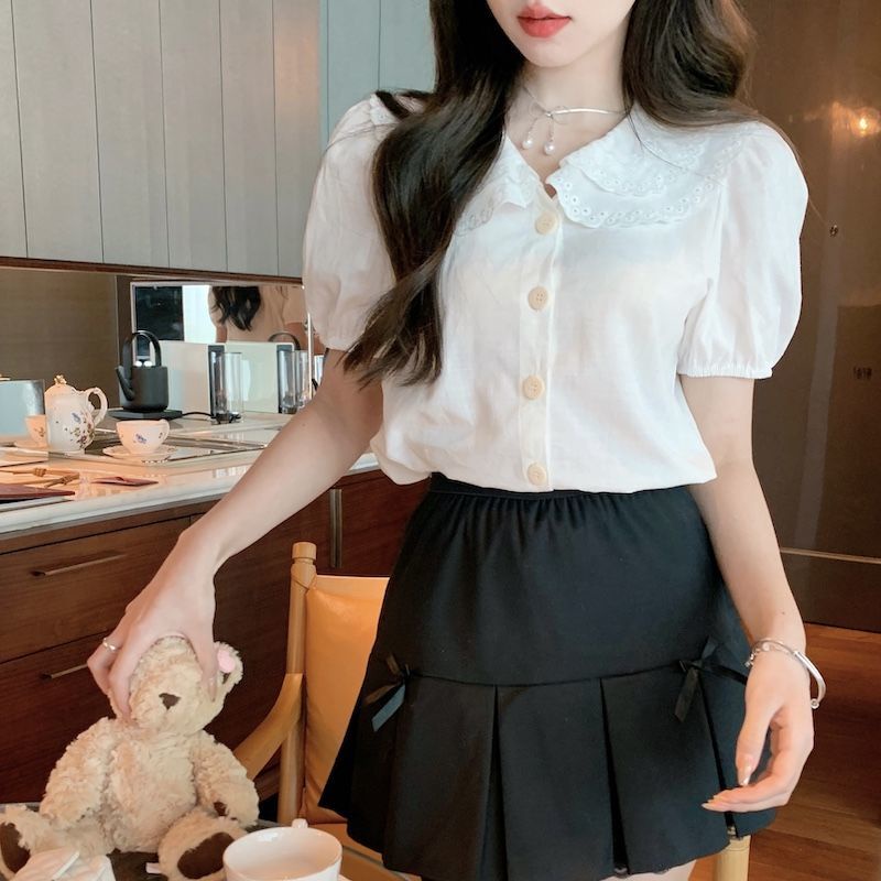 Áo Sơ Mi Ngắn Tay Cổ Búp Bê Khoét Nhiều Lớp Thời Trang Mùa Hè Cho Nữ