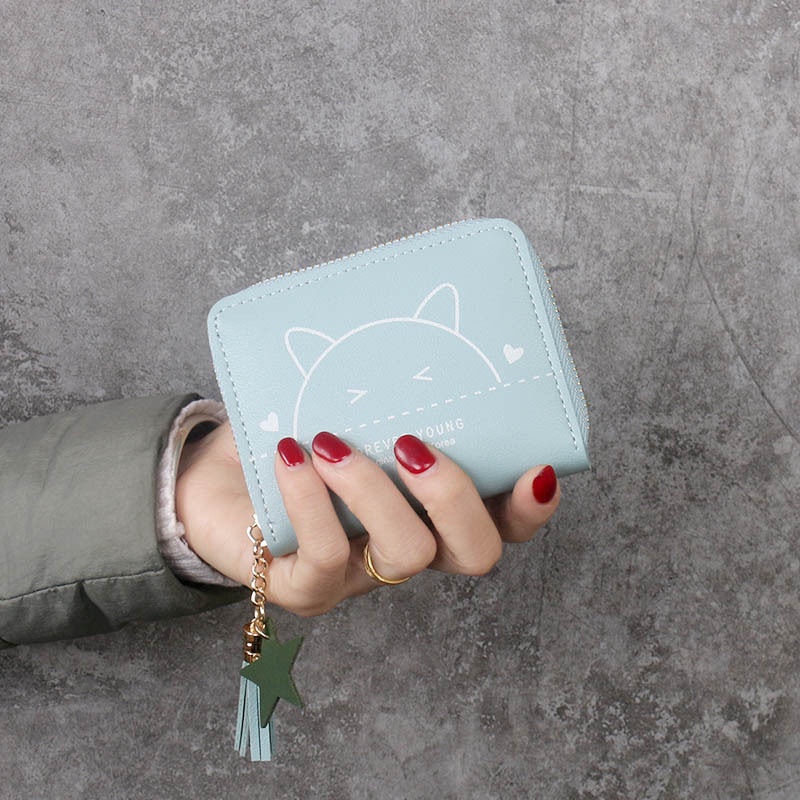 Ví Ngắn Có Khóa Kéo In Hình Mèo Dễ Thương Dành Cho Nữ