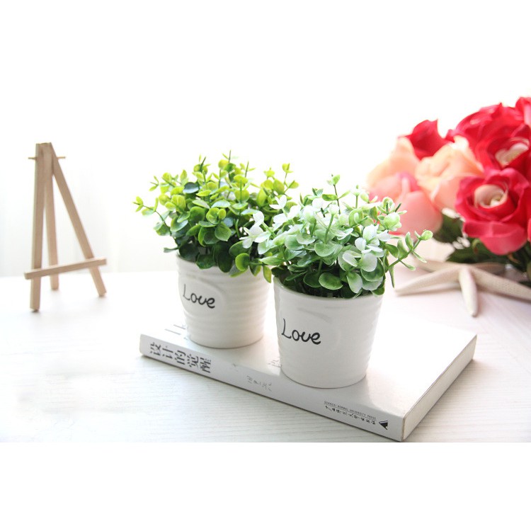 Hoa giả trang trí để bàn, hoa bonsai giả chậu sứ chữ LOVE - H0129 (nhiều màu lựa chọn)