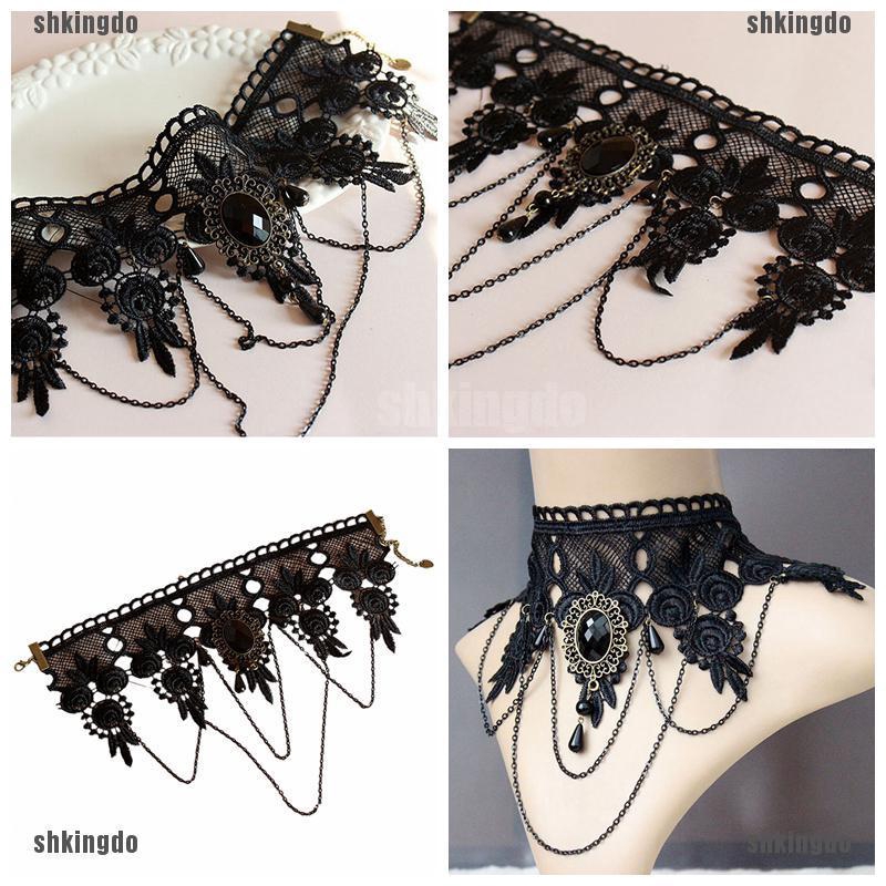 Vòng Choker Ren Hoa Tua Rua Đính Đá Phong Cách Gothic Punk