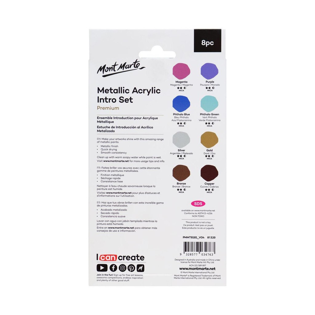 Set 8 Màu Nhũ Metallic Acrylic Mont Marte x 18ml - Metallic Acrylic Paint Intro Set - PMMT8181