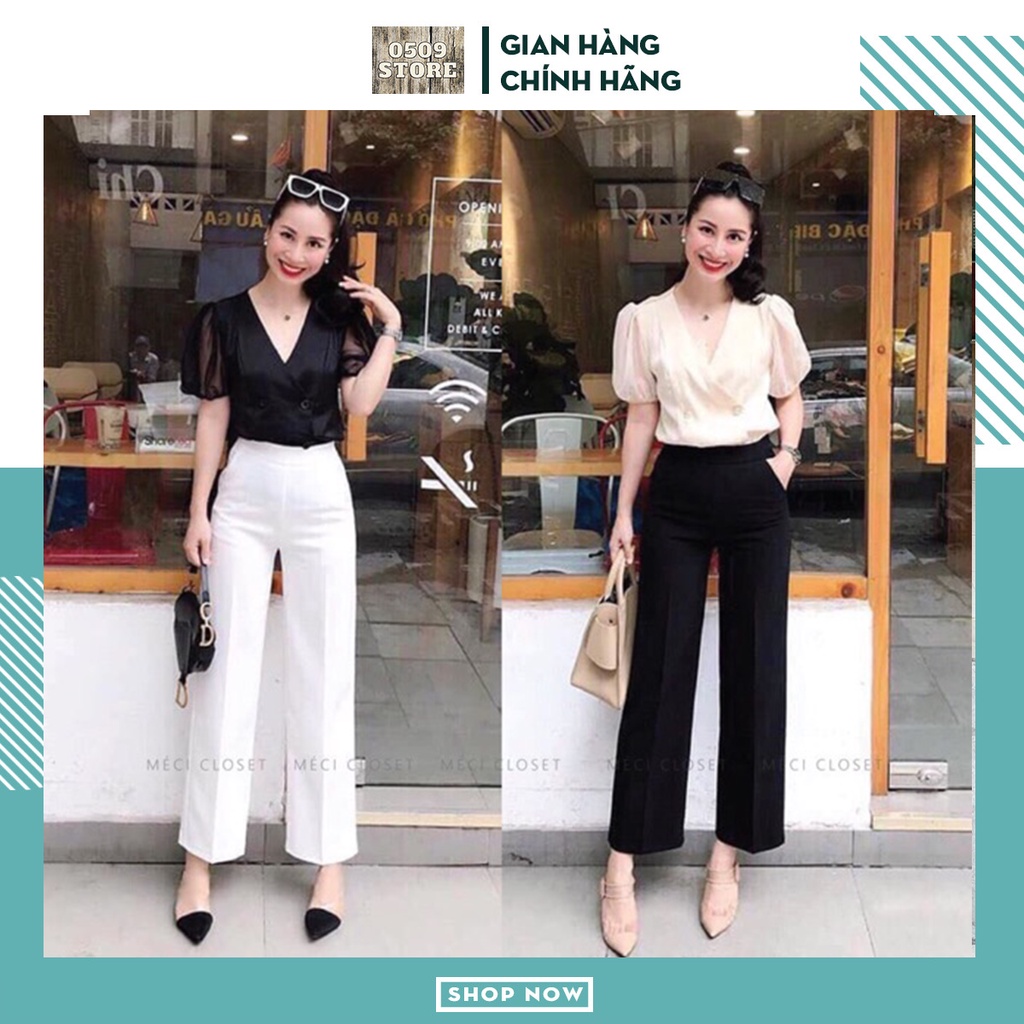 Quần công sở ống rộng dáng suông cạp cao có khóa hông nữ tính, chất liệu tuyết mưa