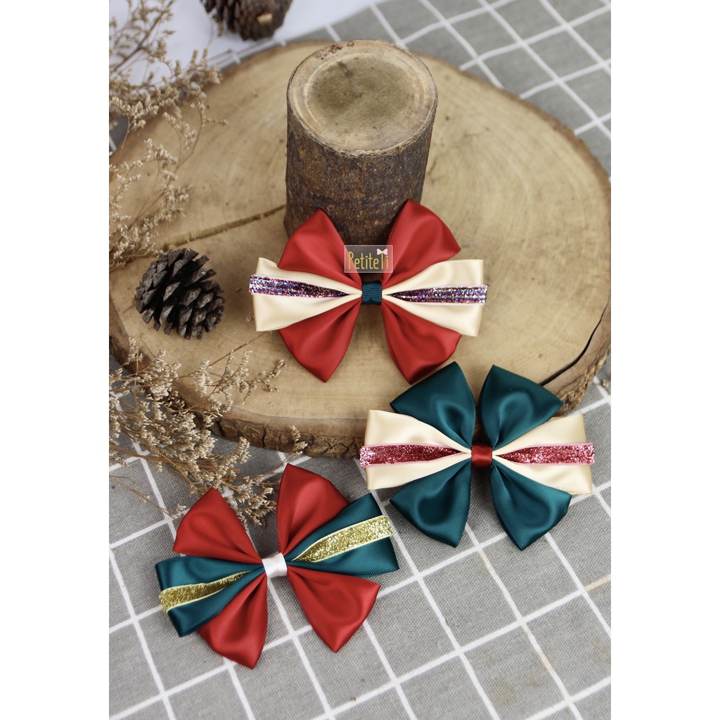 Mẫu nơ GIÁNG SINH - Ruy băng dệt sợi kim tuyến an toàn cho bé - Băng đô THUN cho bé từ 0 tháng - KẸP nơ bọc răng cưa