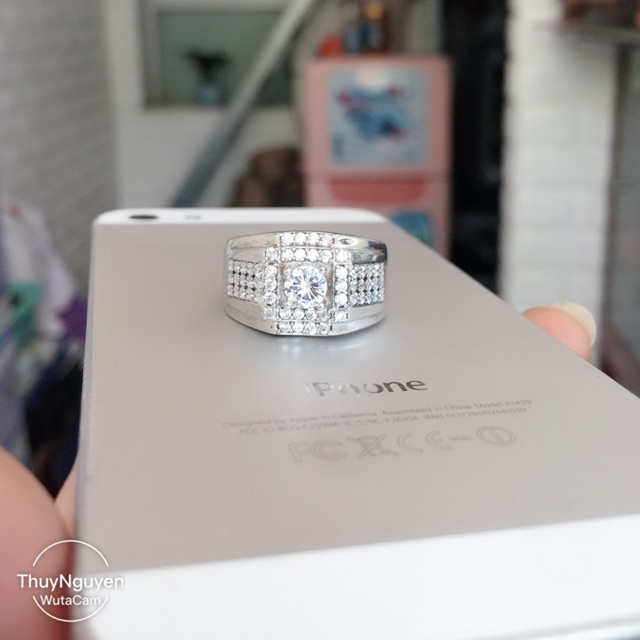Nhẫn nam đá trắng viên chủ 4li đai đá nhỏ bạc thật mạ vàng trắng