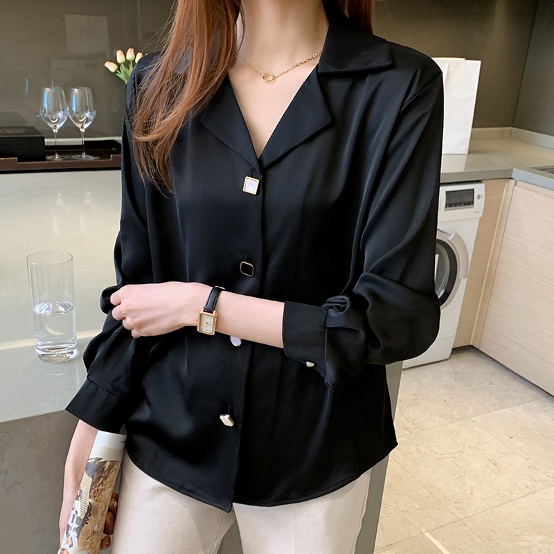 Áo Sơ Mi Chiffon Nữ Dài Tay Cổ Chữ V Màu Trắng Đen Phong Cách Hàn Quốc