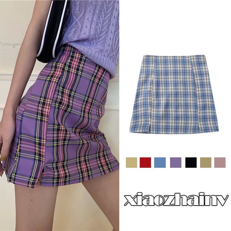 Xiaozhainv Chân váy ngắn chữ A lưng cao xẻ tà họa tiết lưới thời trang Hàn Quốc cổ điển | BigBuy360 - bigbuy360.vn