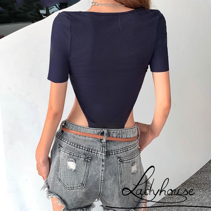 Áo Liền Quần Ngắn Tay Cổ Chữ V Màu Trơn Dáng Ôm Gợi Cảm Cho Nữ