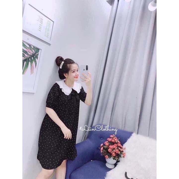 Váy Bầu Thiết kế công sở Cổ Trắng sen chấm bi Lịch sự, sang trọng, váy size từ 40-75kg