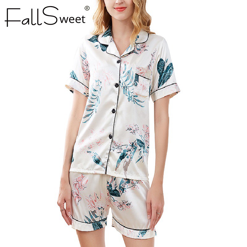 FallSweet Set Đồ Ngủ Pijama Tay Ngắn Chất Phi Bóng Cho Nữ
