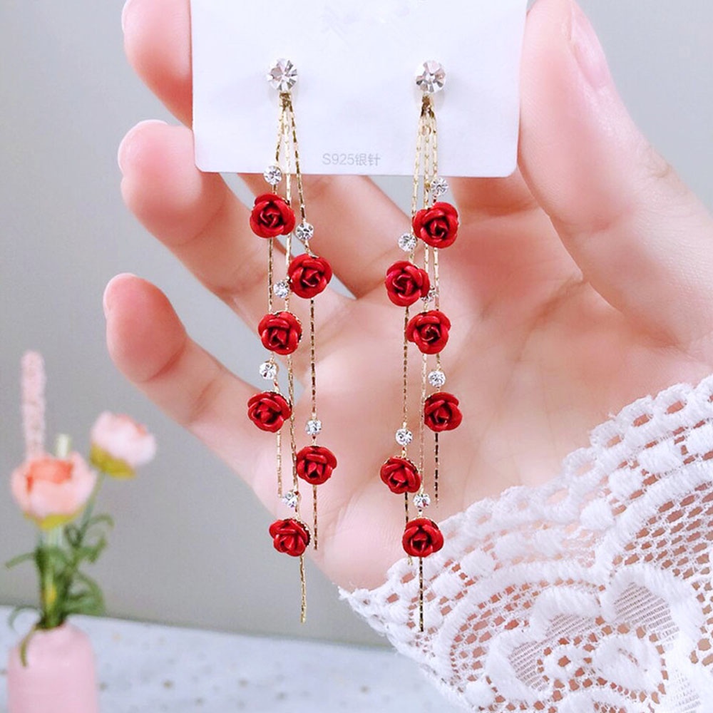 Hoa Tai Dáng Dài Hình Hoa Hồng Màu Tím Thanh Lịch