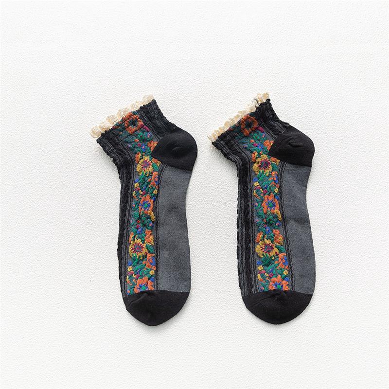 Vớ vải cotton viền rũ nhăn họa tiết hoa xinh xắn cổ ngắn chống trượt phong cách vintage