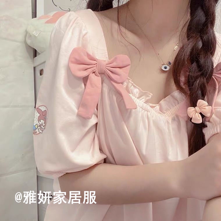 SANRIO Đầm Ngủ Ngắn Tay Họa Tiết Hoạt Hình Melody Dễ Thương Thời Trang Mùa Hè 2022
