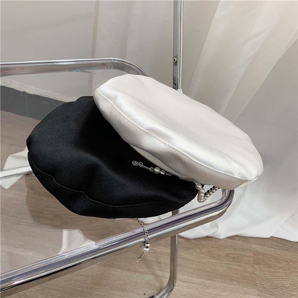 NICKOLAS Mũ Beret Vải Satin Phối Dây Xích Phong Cách Anh Quốc Thời Trang Mùa Đông Cá Tính Cho Nữ