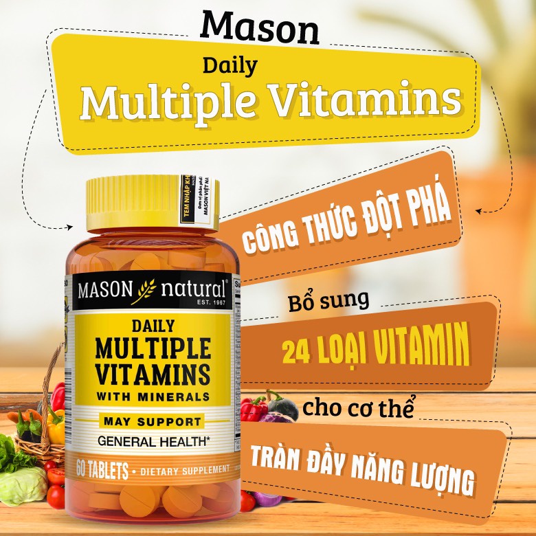 Viên uống bổ sung Vitamin khoáng chất tăng cường miễn dịch,sức khỏe mason natural Daily Multiple Vitamins