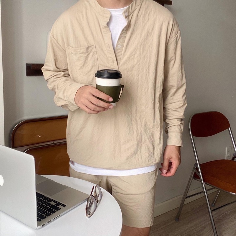 SANTÉ STUDIO - Set sơ mi dài tay và quần short vải đũi phong cách Hàn Quốc - TWINS SET