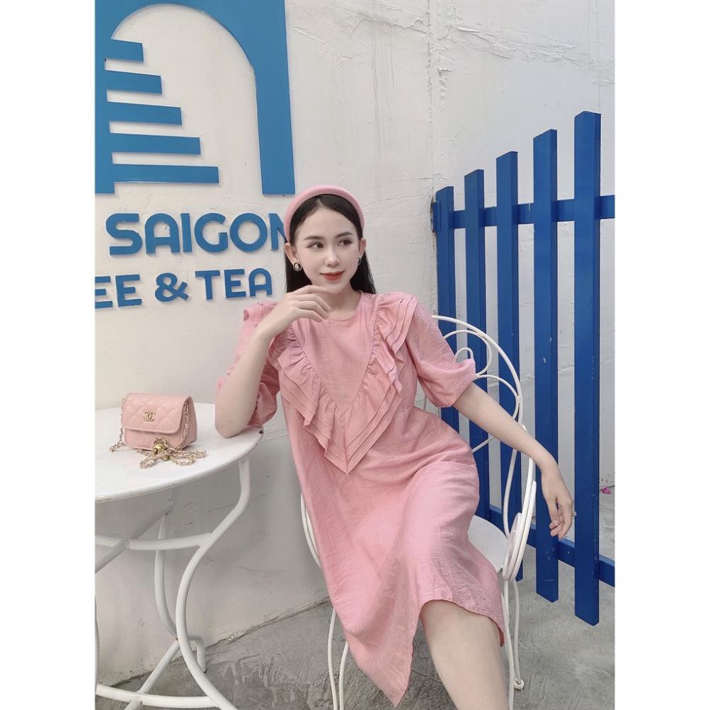 Váy đầm suông phom rộng cổ tròn bèo tay dún phồng 3 màu trơn dễ mặc có size bầu bì bon chen thoải mái SONAITI | BigBuy360 - bigbuy360.vn