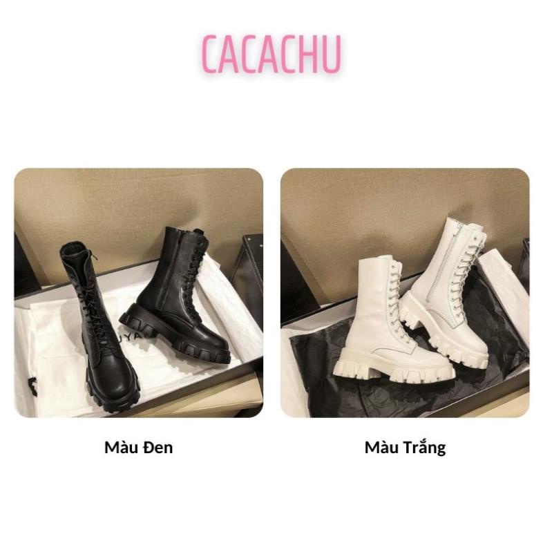 Bốt nữ cao cổ Ulzzang 20cm Boot hàng QC cao cấp đẹp dây buộc có khóa kéo đế cao 5.5cm màu đen trắng 