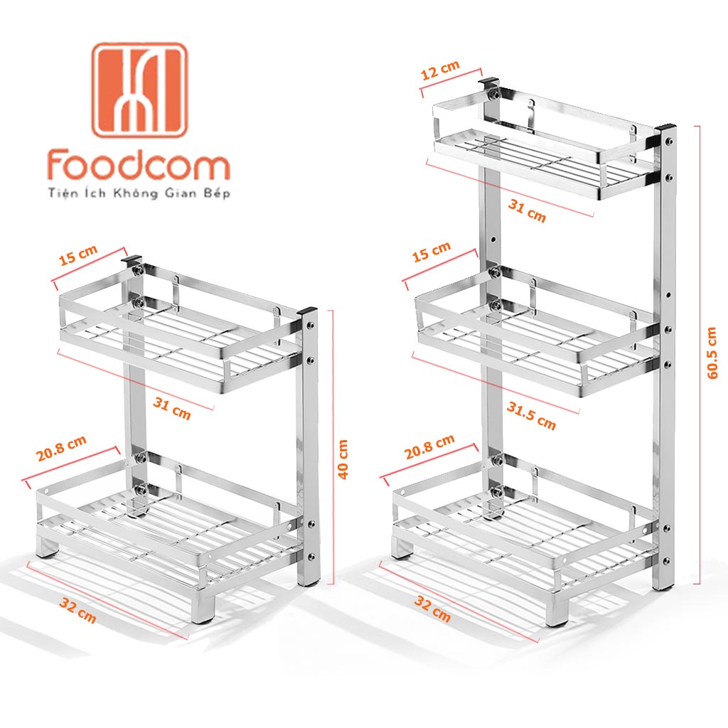 Kệ gia vị 2 tầng FOODCOM chất liệu inox cao cấp giá đựng đồ nhà bếp đa năng