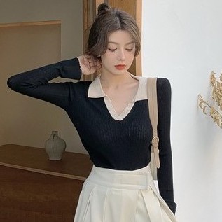 Fashion long-sleeved knitted sweater women's stitching V-neck long-sleeved top | WebRaoVat - webraovat.net.vn