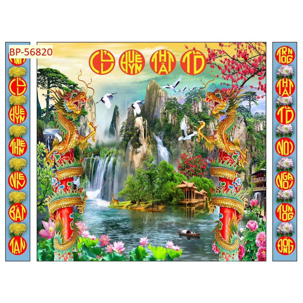 Tranh Dán tường 3d Phòng thờ, bàn thờ hình phật tổ, bình phong, núi non