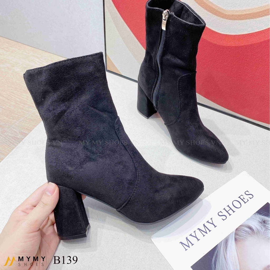 B139 Boot lửng da lộn viền cắt khóa cạnh gót vuông 7p