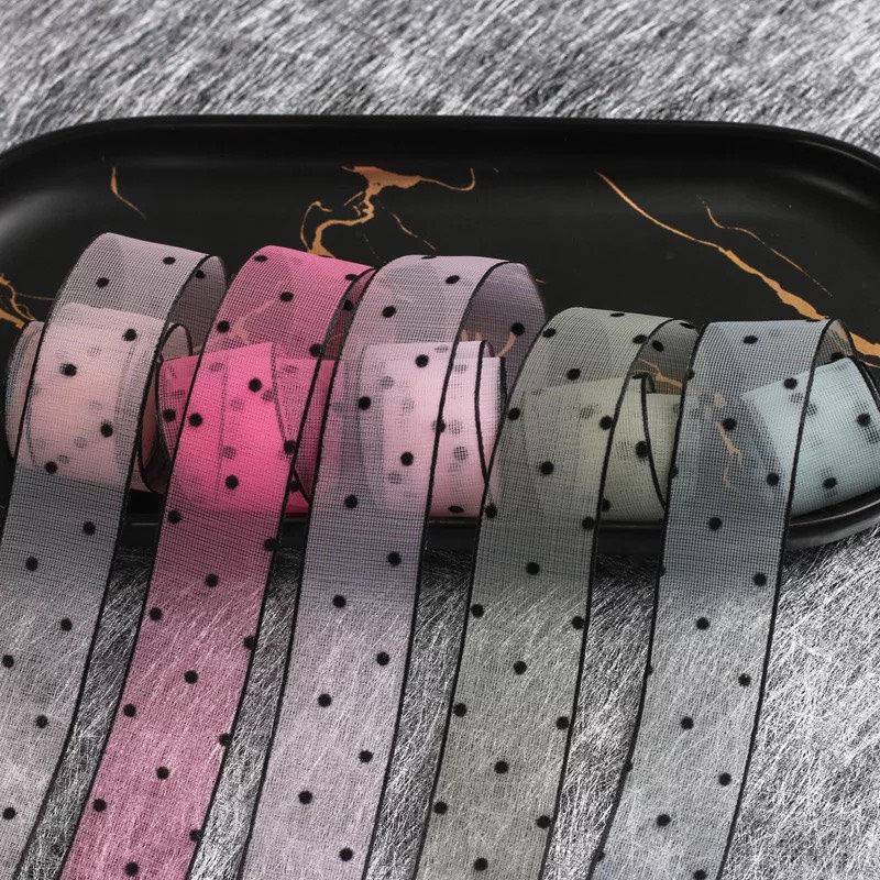 Ruy Băng Voan Chấm Bi Nhỏ Viền Đen (1 mét)