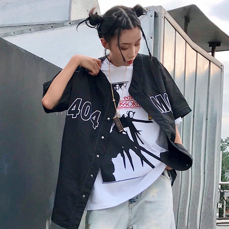 Áo Sơ Mi Bóng Chày Tay Ngắn Họa Tiết Thêu Thời Trang Phong Cách Hàn Quốc Cho Nam Nữ