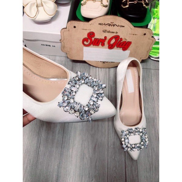 G22 Giày cao gót nữ hoa đá vuông vải lụa cao 7p sang chảnh